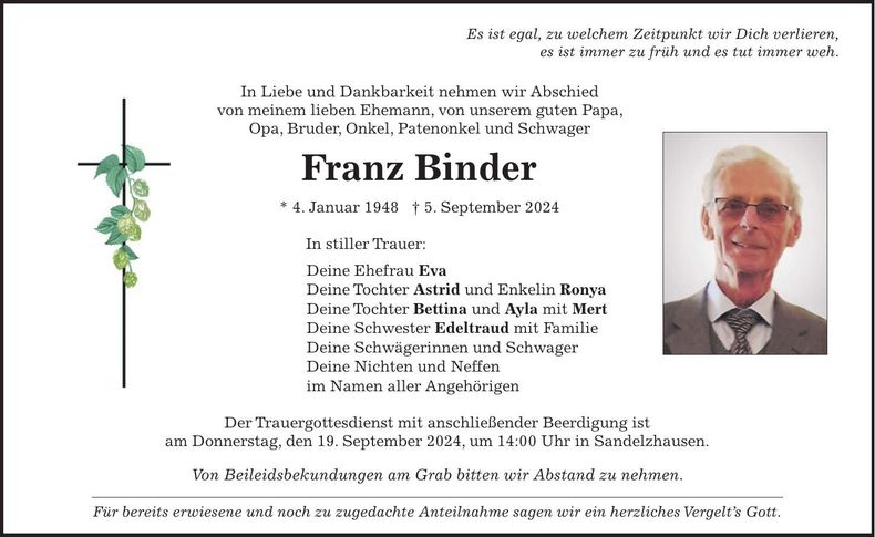 Traueranzeige Franz Binder