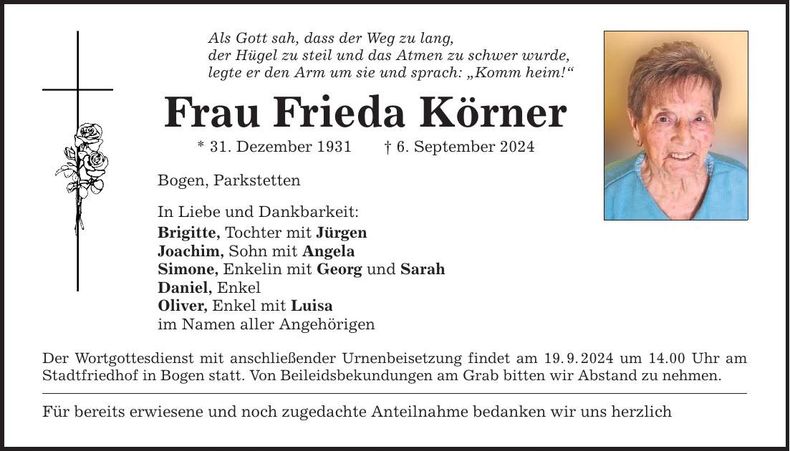Traueranzeige Frieda Körner