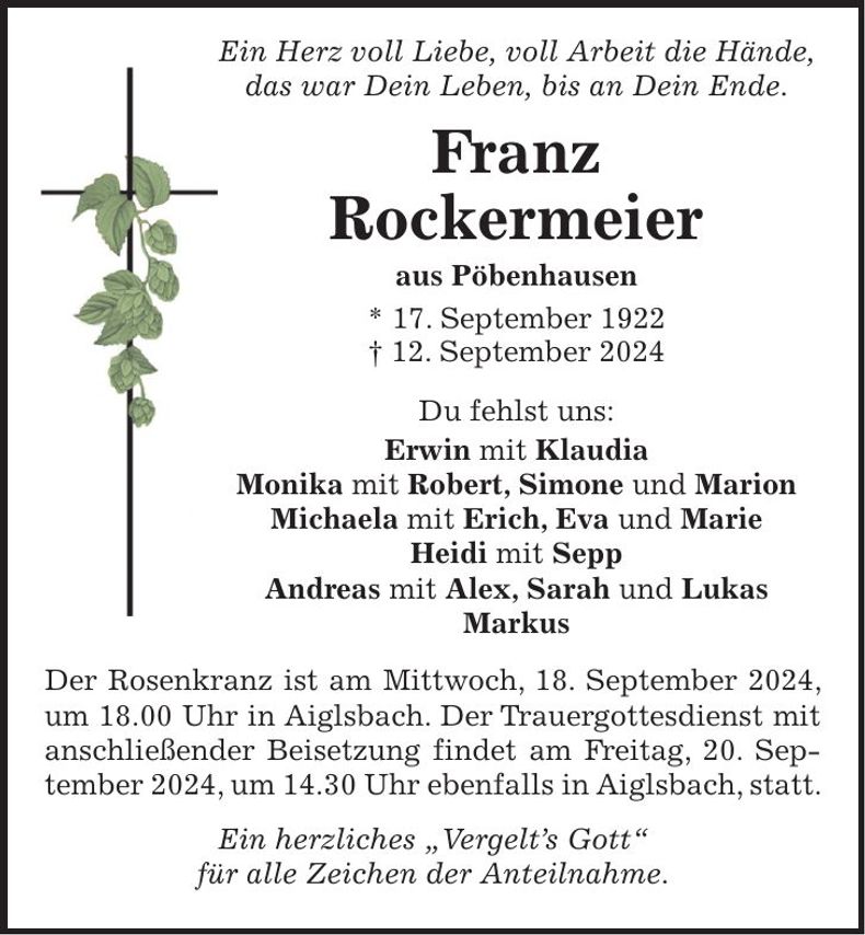 Traueranzeige Franz Rockermeier