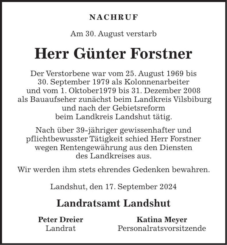 Traueranzeige Günter Forstner