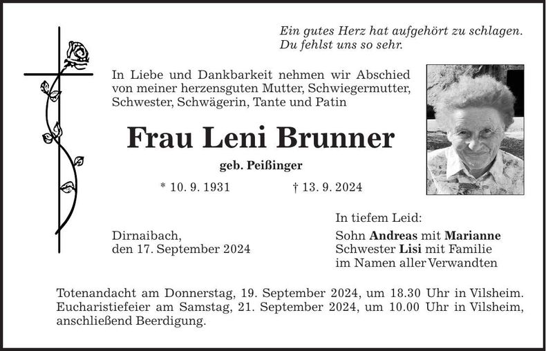 Traueranzeige Leni Brunner