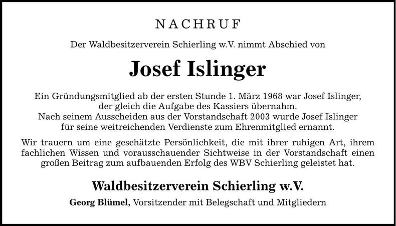 Traueranzeige Josef Islinger