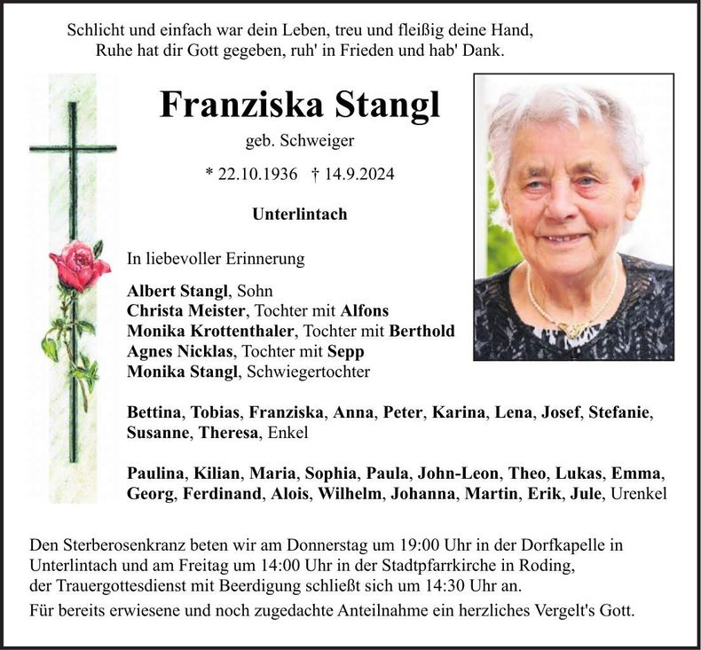 Traueranzeige Franziska Stangl