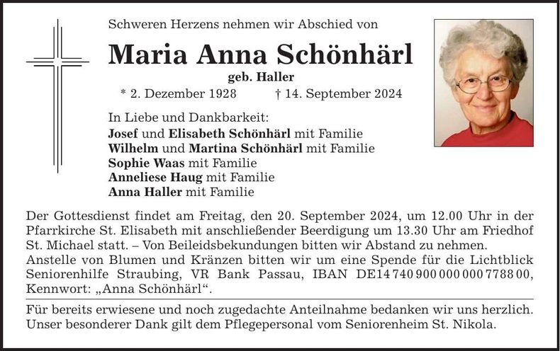 Traueranzeige Anna Schönhärl