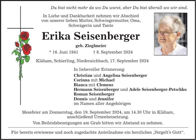 Traueranzeige Erika Seisenberger