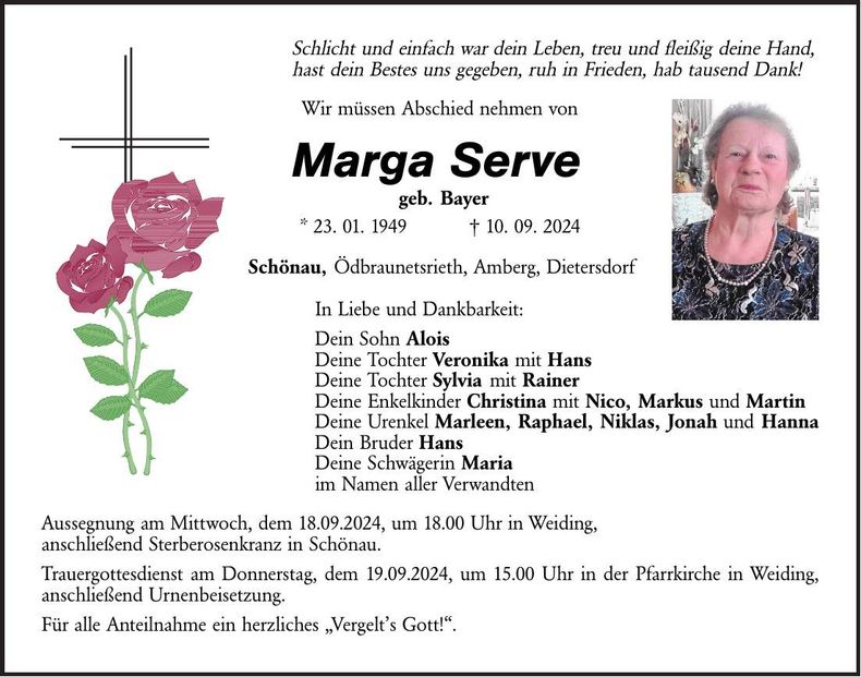 Traueranzeige Marga Serve