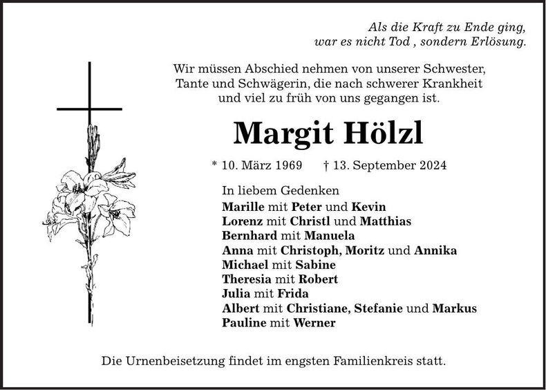 Traueranzeige Margit Hölzl