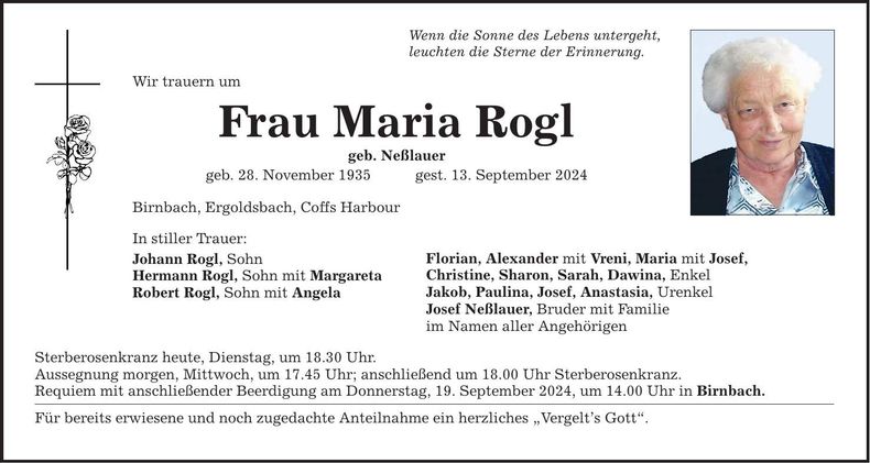 Traueranzeige Maria Rogl