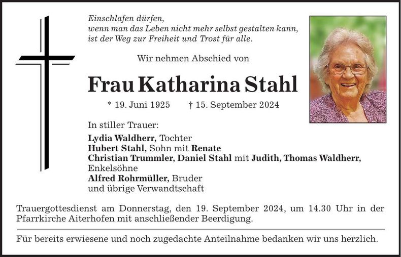 Traueranzeige Katharina Stahl