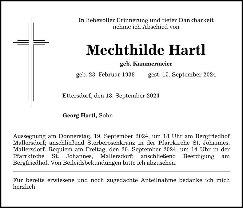 Traueranzeige Mechthilde Hartl