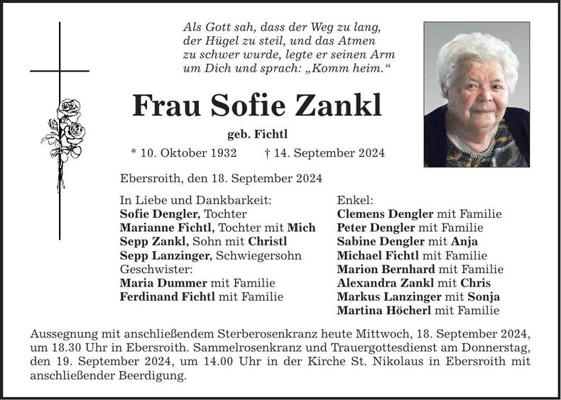 Traueranzeige Sofie Zankl