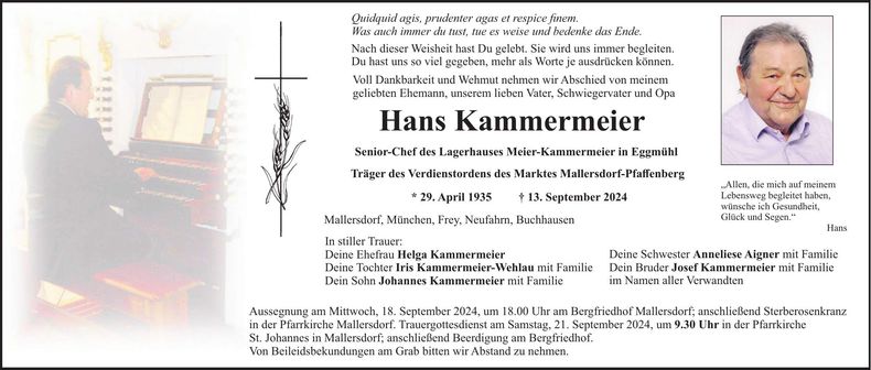 Traueranzeige Hans Kammermeier
