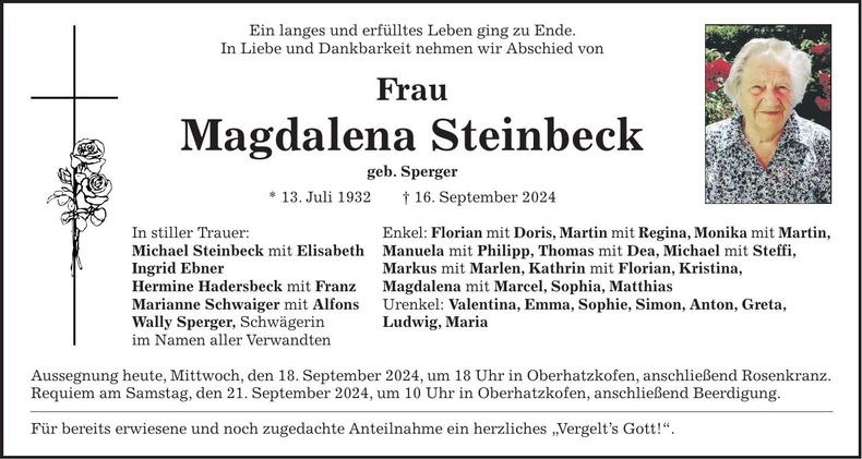 Traueranzeige Magdalena Steinbeck