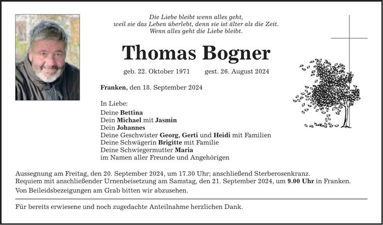 Traueranzeige Thomas Bogner
