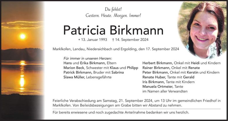 Traueranzeige Patricia Birkmann