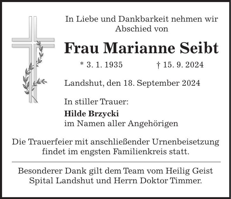 Traueranzeige Marianne Seibt