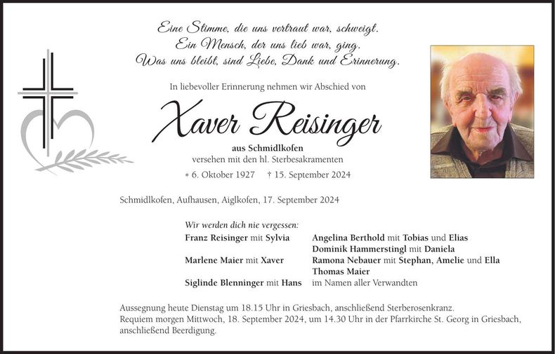 Traueranzeige Xaver Reisinger