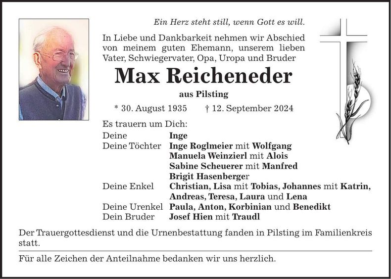 Traueranzeige Max Rreicheneder