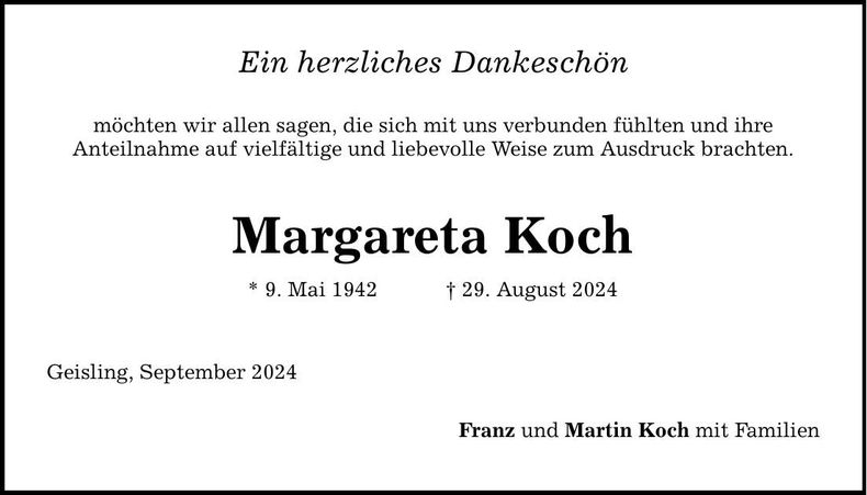 Traueranzeige Margareta Koch