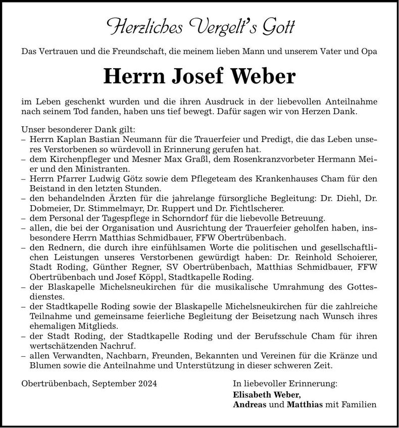 Traueranzeige Josef Weber