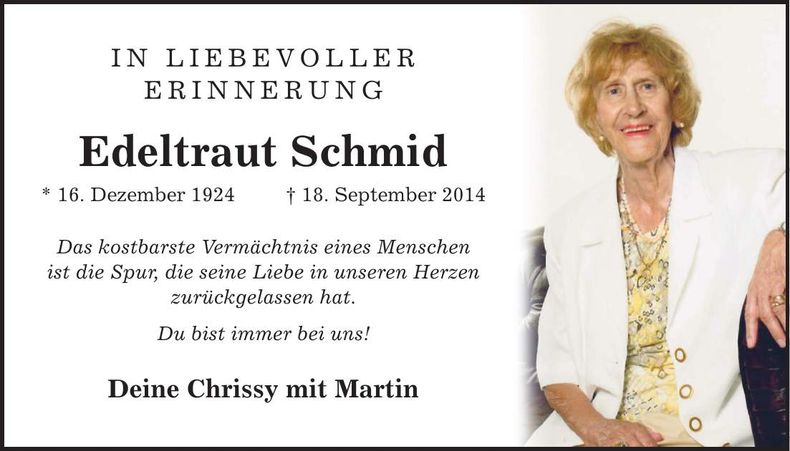 Traueranzeige Edeltraut Schmid