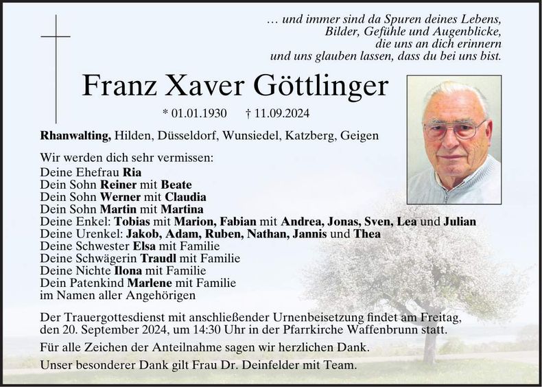Traueranzeige Xaver Göttlinger