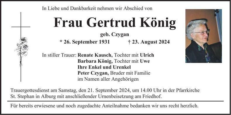 Traueranzeige Gertrud König