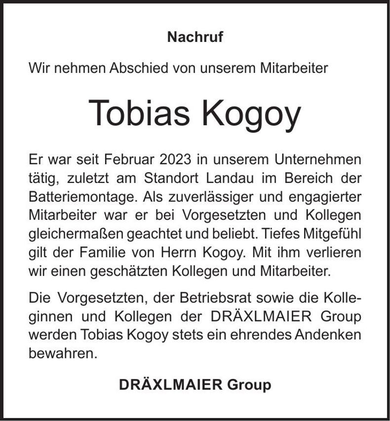 Traueranzeige Tobias Kogoy