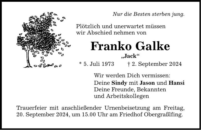 Traueranzeige Franko Galke