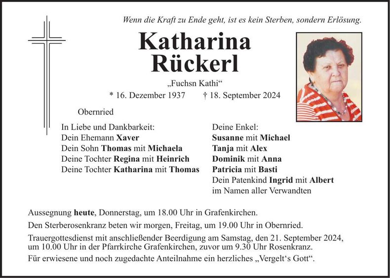 Traueranzeige Katharina Rückerl