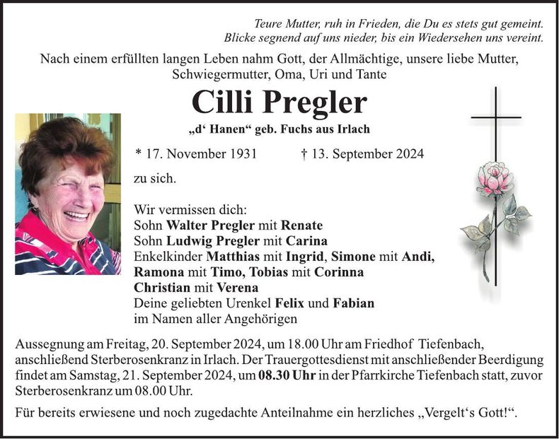 Traueranzeige Cilli Pregler