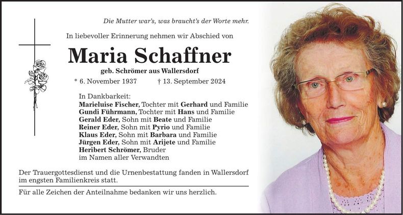 Traueranzeige Maria Schaffner