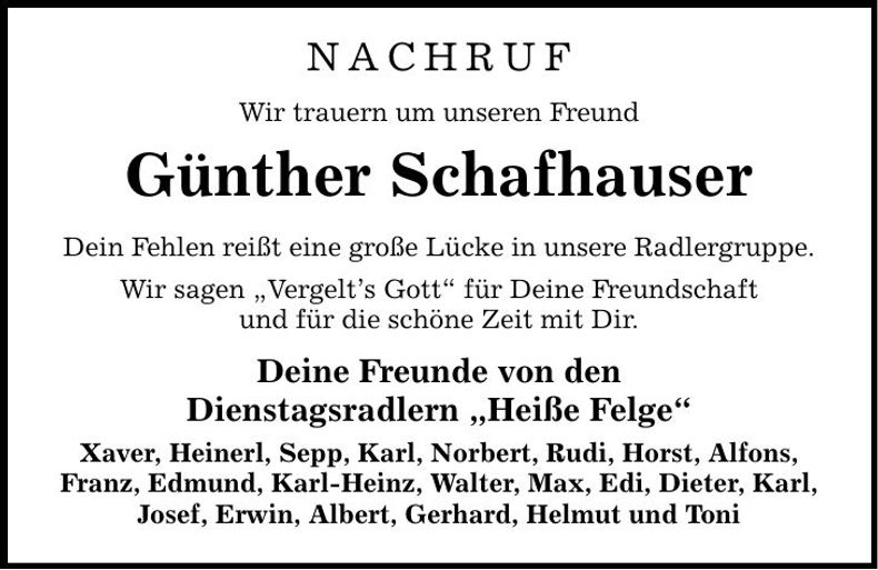 Traueranzeige Günther Schafhauser