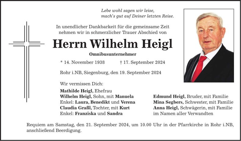 Traueranzeige Wilhelm Heigl