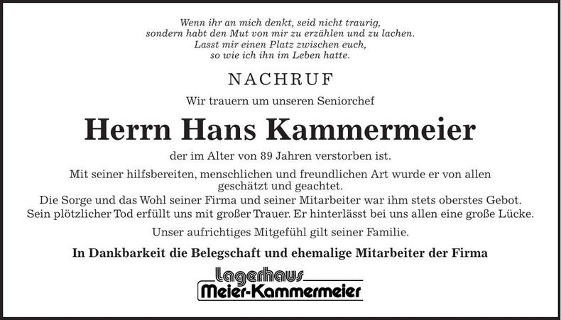Traueranzeige Hans Kammermeier