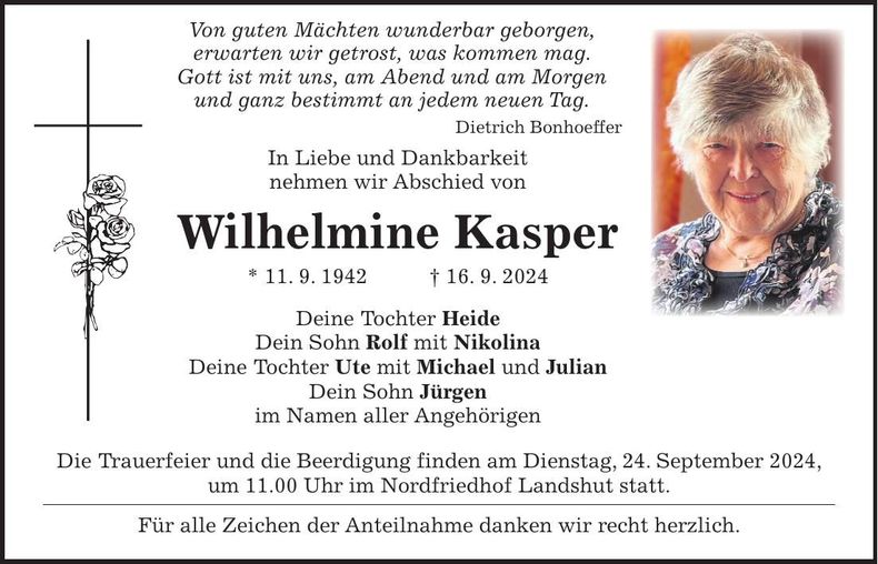 Traueranzeige Wilhelmine Kasper