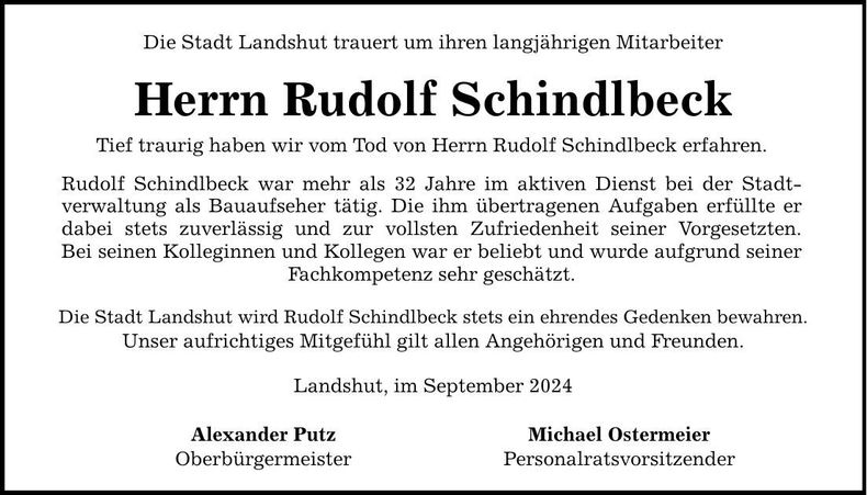 Traueranzeige Rudolf Schindlbeck