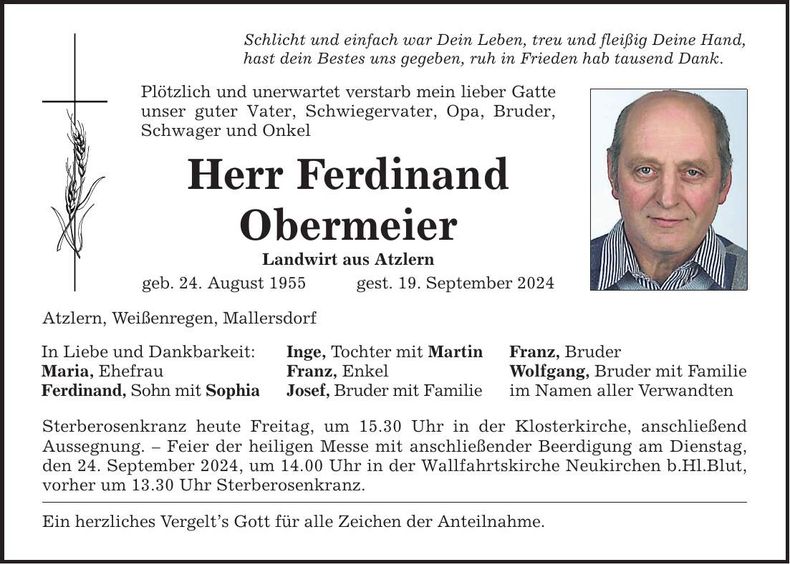 Traueranzeige Ferdinand Obermeier