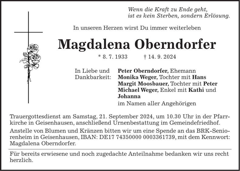 Traueranzeige Magdalena Oberndorfer