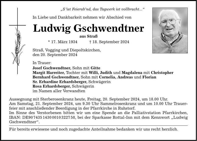 Traueranzeige Ludwig Gschwendtner