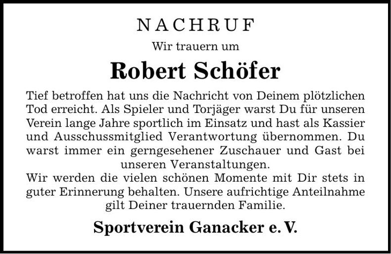 Traueranzeige Robert Schöfer