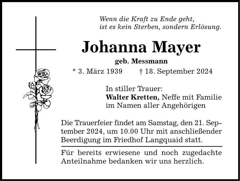 Traueranzeige Johanna Mayer