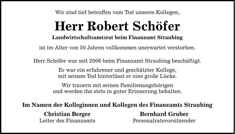 Traueranzeige Robert Schöfer
