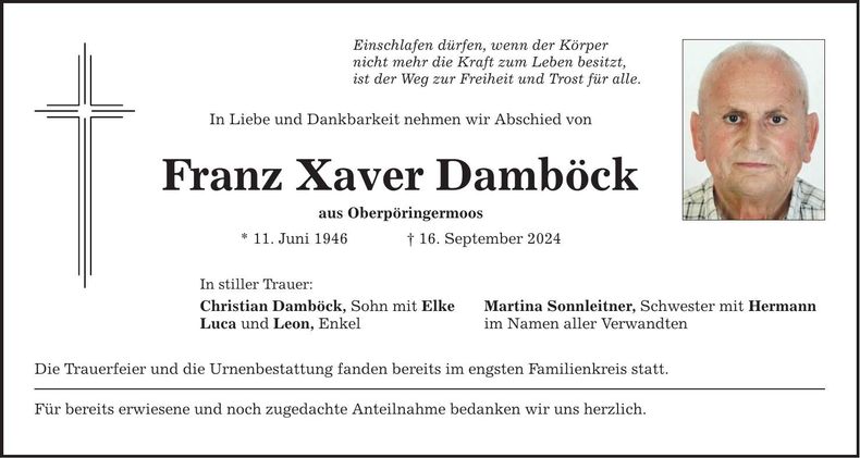Traueranzeige Xaver Damböck