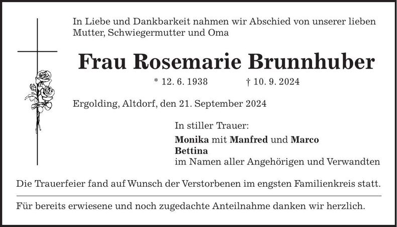 Traueranzeige Rosemarie Brunnhuber