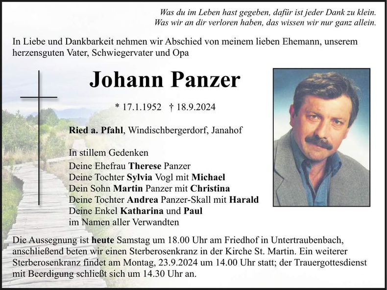 Traueranzeige Johann Panzer