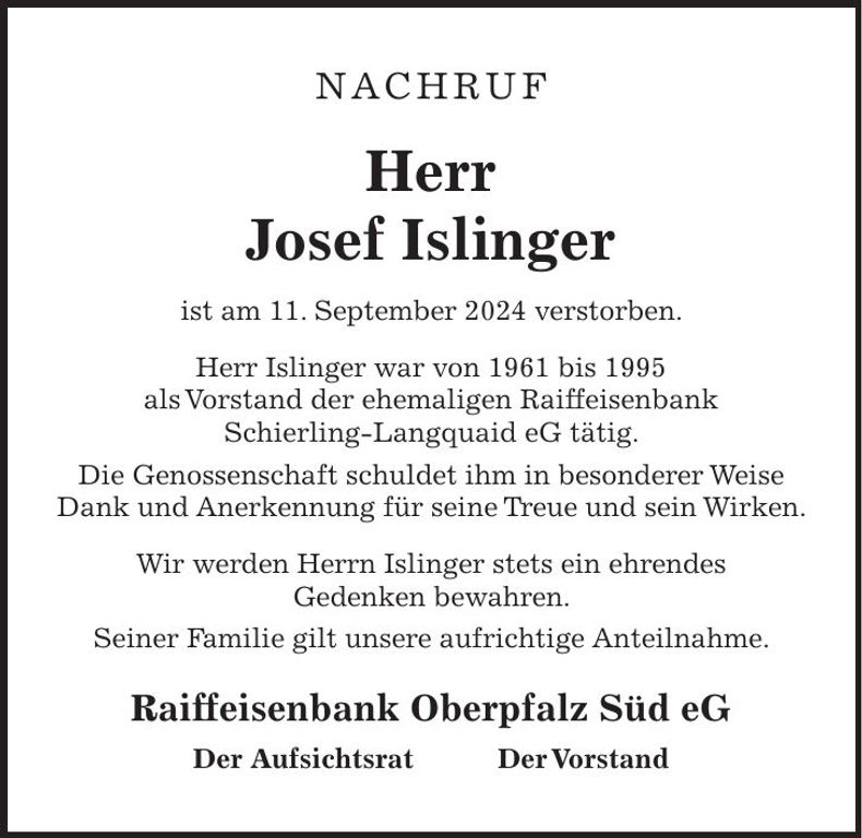 Traueranzeige Josef Islinger