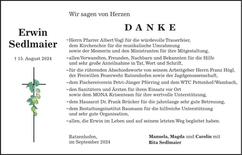Traueranzeige Erwin Sedlmaier