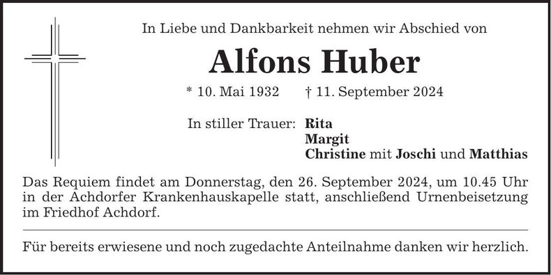 Traueranzeige Alfons Huber
