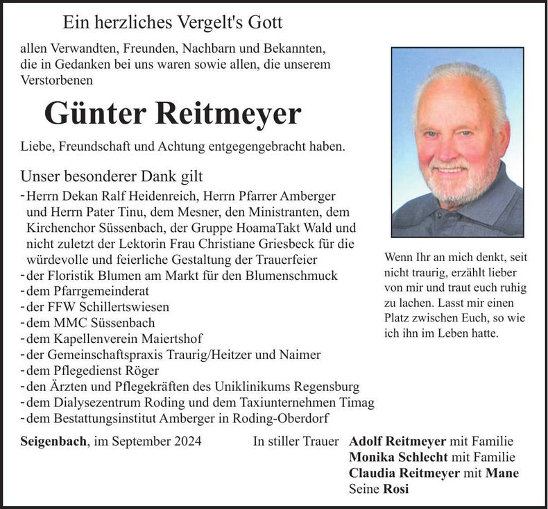 Traueranzeige Günter Reitmeyer